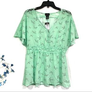 Rue 21 Women's Green Birds Print V-Neck Short Sleeve Sheer Top - NWT